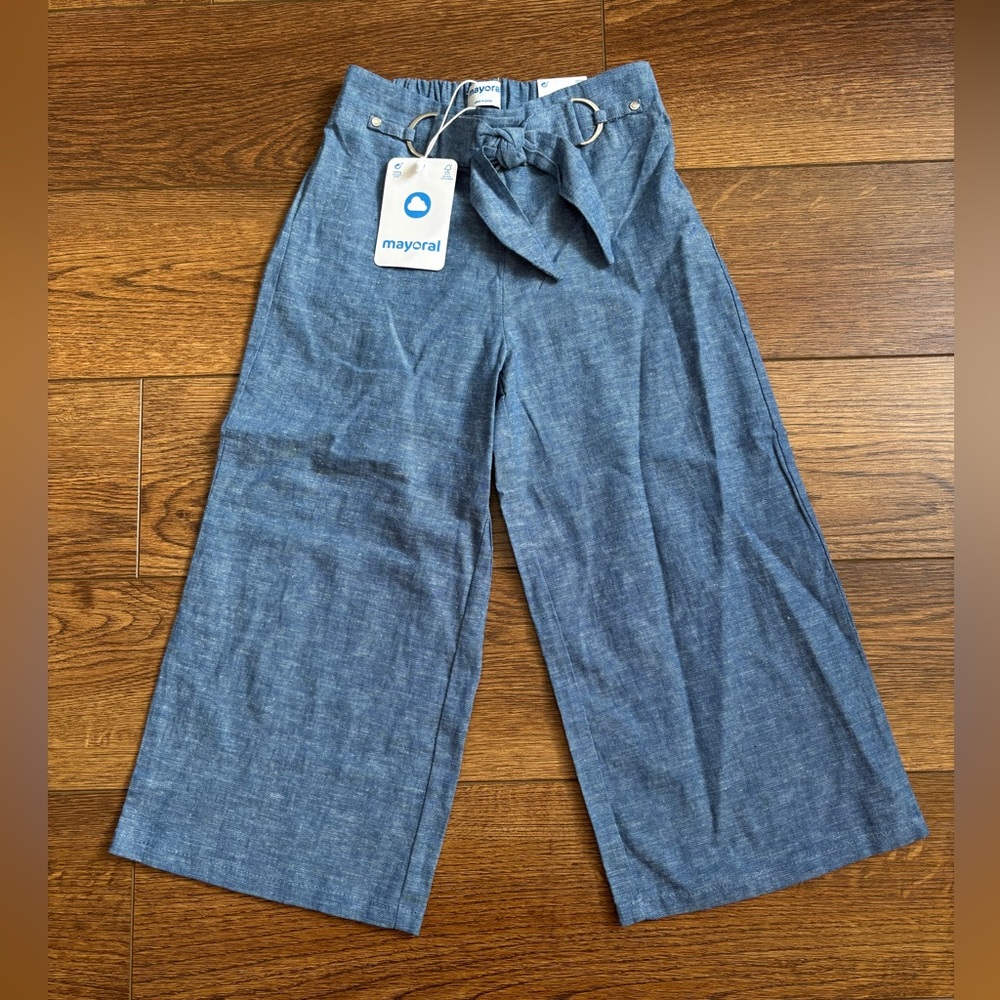 NWT Mayoral Tie Front Blue Linen Girls Pants Size 7
